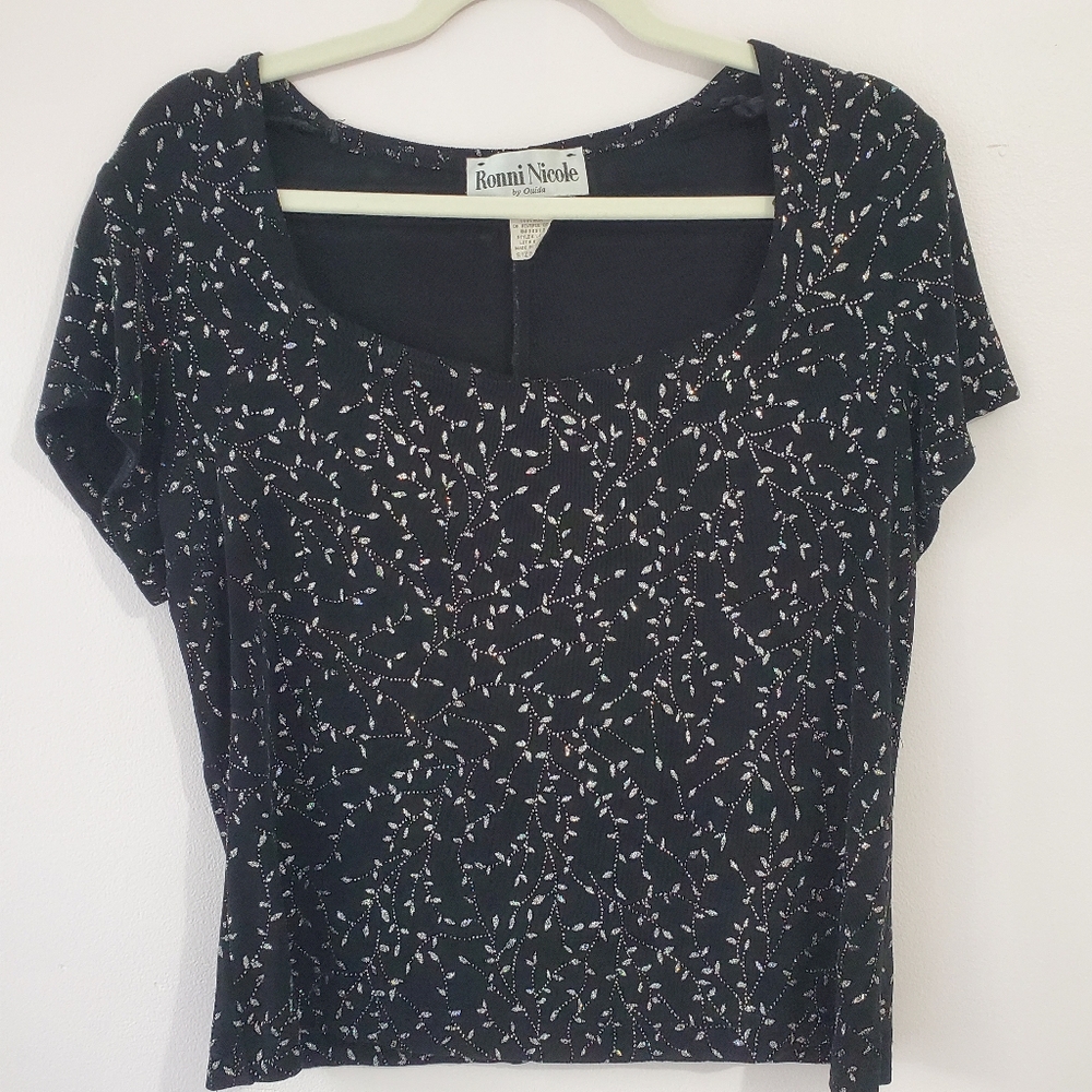 Ronni Nicole Vintage Black Floral Very Sparkly Women's Top Stretchy Sz L Formal